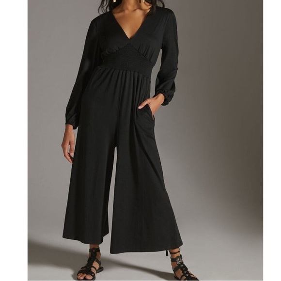 Anthropologie Hutch Long Sleeve Black Wide-Leg V-Neck Jumpsuit Romper - size M - Picture 4 of 15